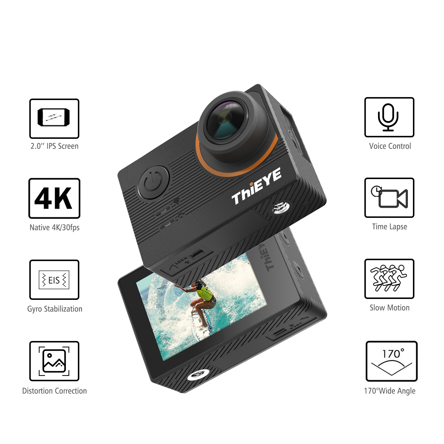 Thieye E7 ICatch V50 Panasonic 34112 2.0 Inch LCD Diving Action Camera Native 4K WiFi  60m Waterproof Voice Control 170 Degrees Wide Angle - Black