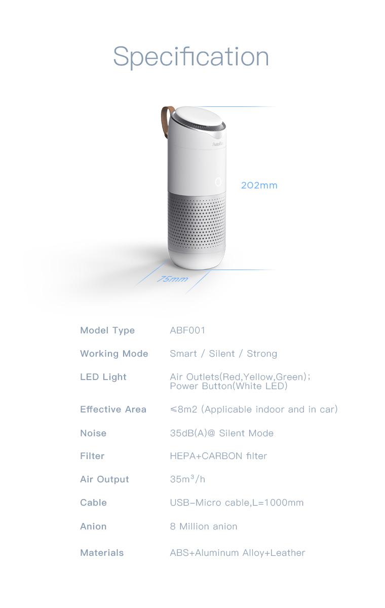 AutoBot ABF001 Car Air Purifier Vehicle Air Purifier Three Working Modes With LED Indicator Lights - White