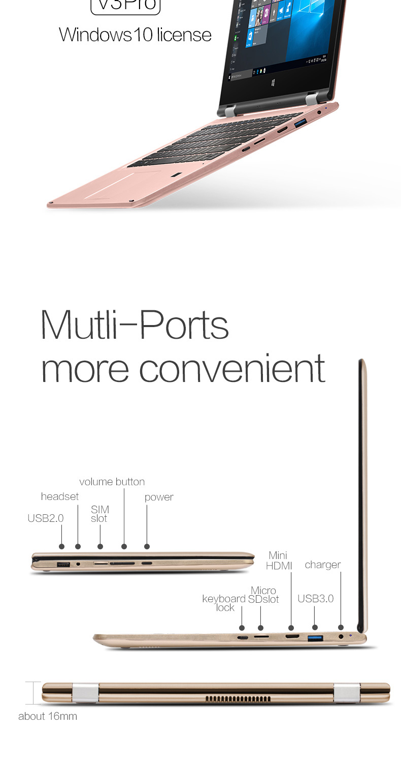 VOYO V3 Pro 13.3 Inch Windows 10  Notebook Quad Core 1.1GHz 8GB RAM 128G SSD ROM TF Card Dual Wifi 360 Degree Adjustable