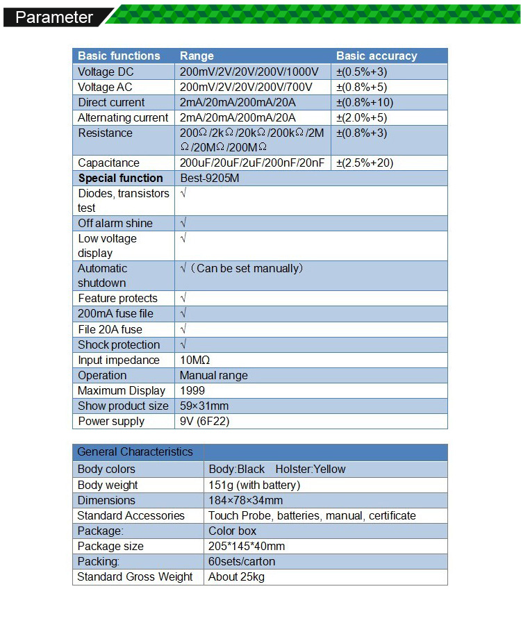 BEST DT-9205M LCD Digital Multimeter AC DC Volt Amp Ohm Test Device