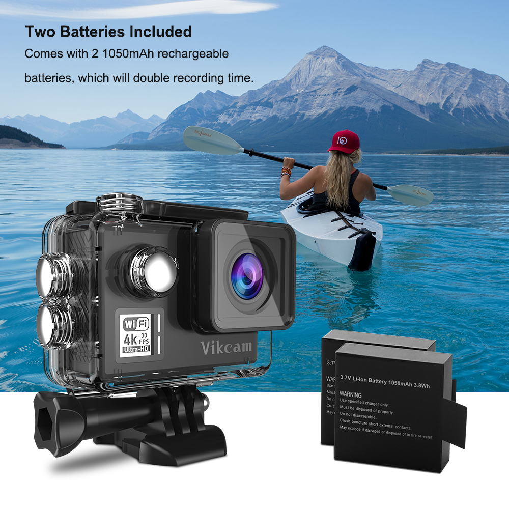 Vikcam V50 iCatch V50 Panasonic 34112 2.0 Inch LCD Action Camera 4K 30FPS Wifi Dual Screens 170 Degree Wide Angle 1050mAh - Black
