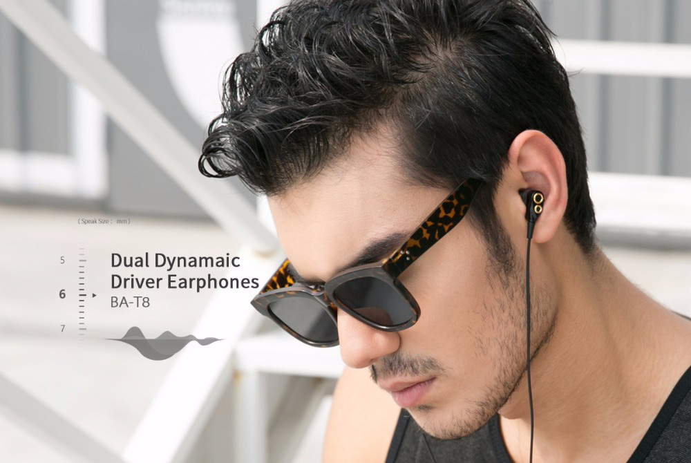 UIISII T8 In-ear Earphones with Mic Stereo Dual Dynamic Drivers Strong Bass Noise Reduction - Black
