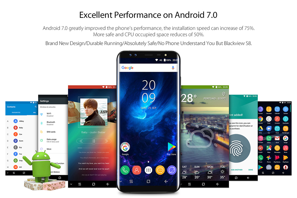 [HK Stock]Blackview S8 5.7 Inch Smartphone 18:9 HD+ Screen 4GB 64GB MT6750T Octa Core Four Camera Android 7.0 Touch ID 3180mAh - Black