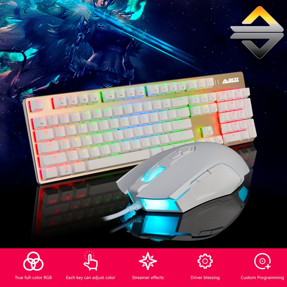 Ajazz Wired RGB Mechanical Keyboard Blue Switch 104 Keys + Gaming Mouse Set With Backlights - White