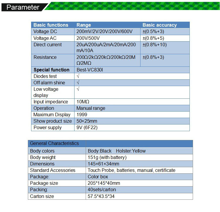 BEST VC830L LCD Digital Multimeter for AC DC Voltage Current Resistance