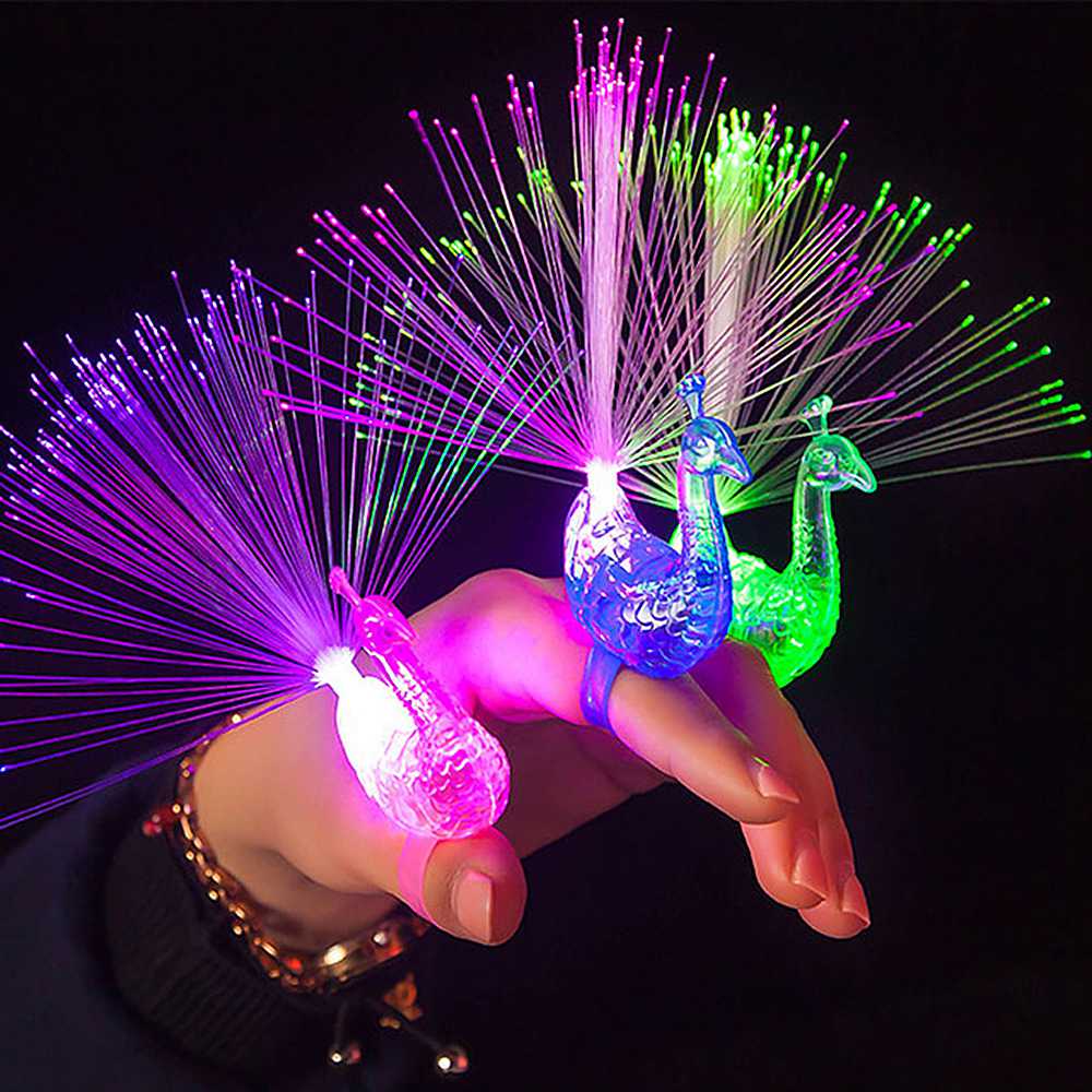 LED Glow Peacock Finger Ring Laser Beams Optical Fiber Toy - Random Color