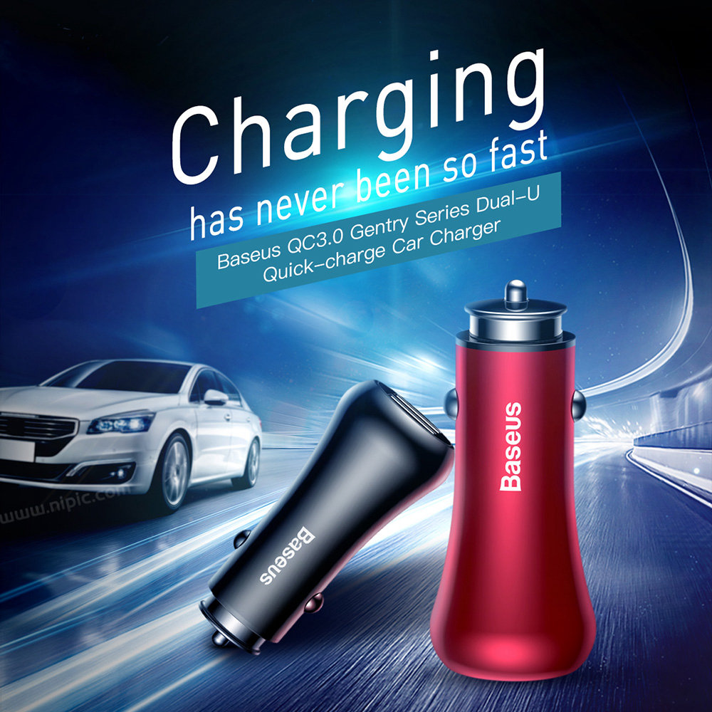 Baseus CCAL-GC01 Car Charger Dual USB Ports QC3.0 Metal Car Charger - Black