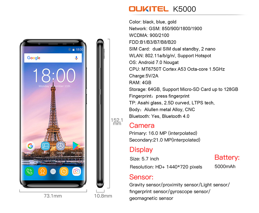 [HK Stock]OUKITEL K5000 5.7 Inch Smartphone 18:9 Aspect Ratio HD+ Screen 4GB 64GB MT6750T Octa Core Android 7.0 Touch ID 16.0MP + 21.0MP Cameras Android 7.0 5000mAh Large Battery - Gold