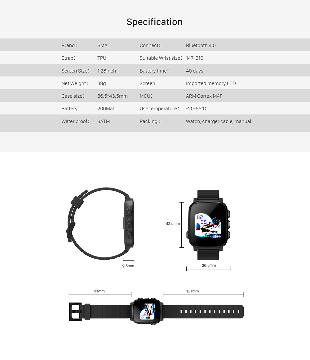 SMA-Q2 Bluetooth Smartwatch  ARM Cortex M4 Blood Pressure Monitor 3ATM Water Resistant 1.28' Colorful Screen - Black