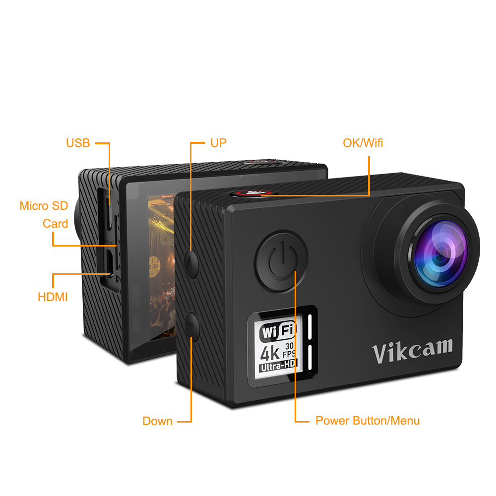 Vikcam V50 iCatch V50 Panasonic 34112 2.0 Inch LCD Action Camera 4K 30FPS Wifi Dual Screens 170 Degree Wide Angle 1050mAh - Black