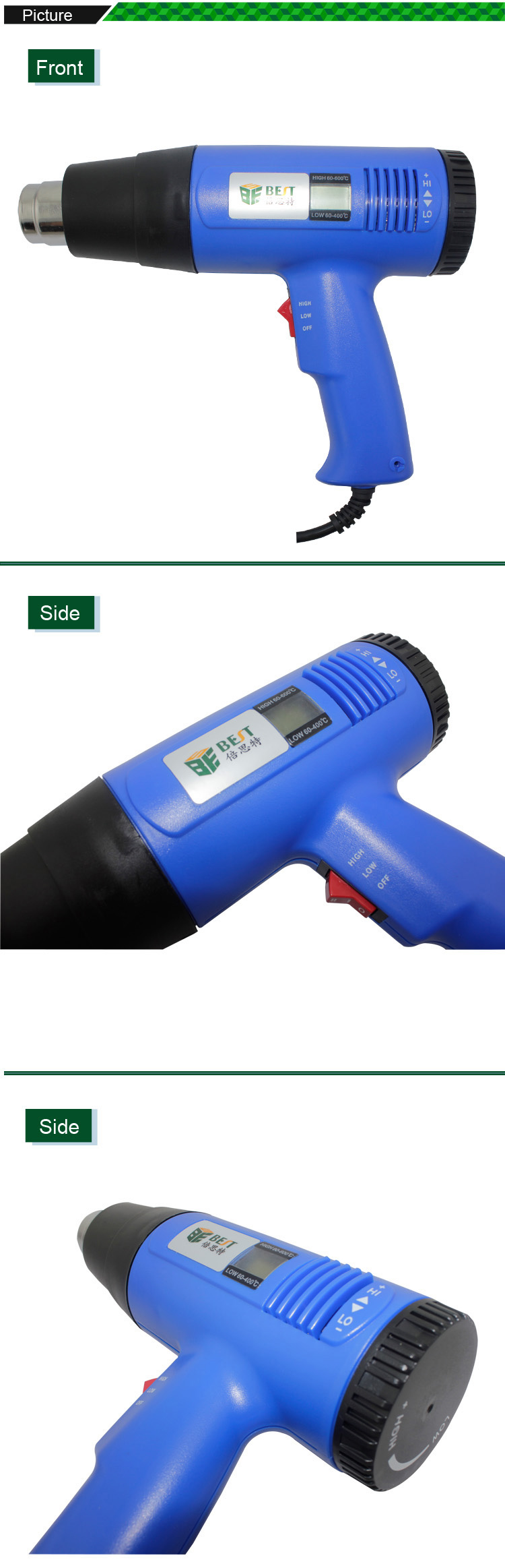 BEST 8016 Hot Air Gun Handheld LCD Display Electronic Heat Gun 220V 1600W For SMT SMD Rework Repair - Blue