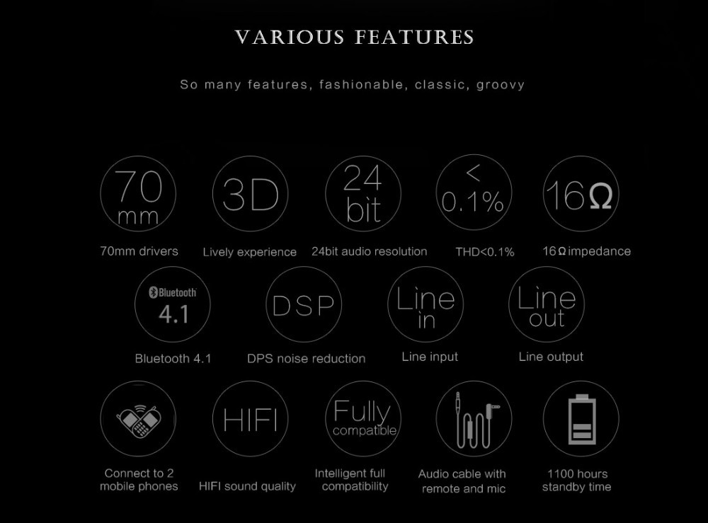 Bluedio Vinyl Plus Wireless Bluetooth Headphones with Mic 3D Sound - Black