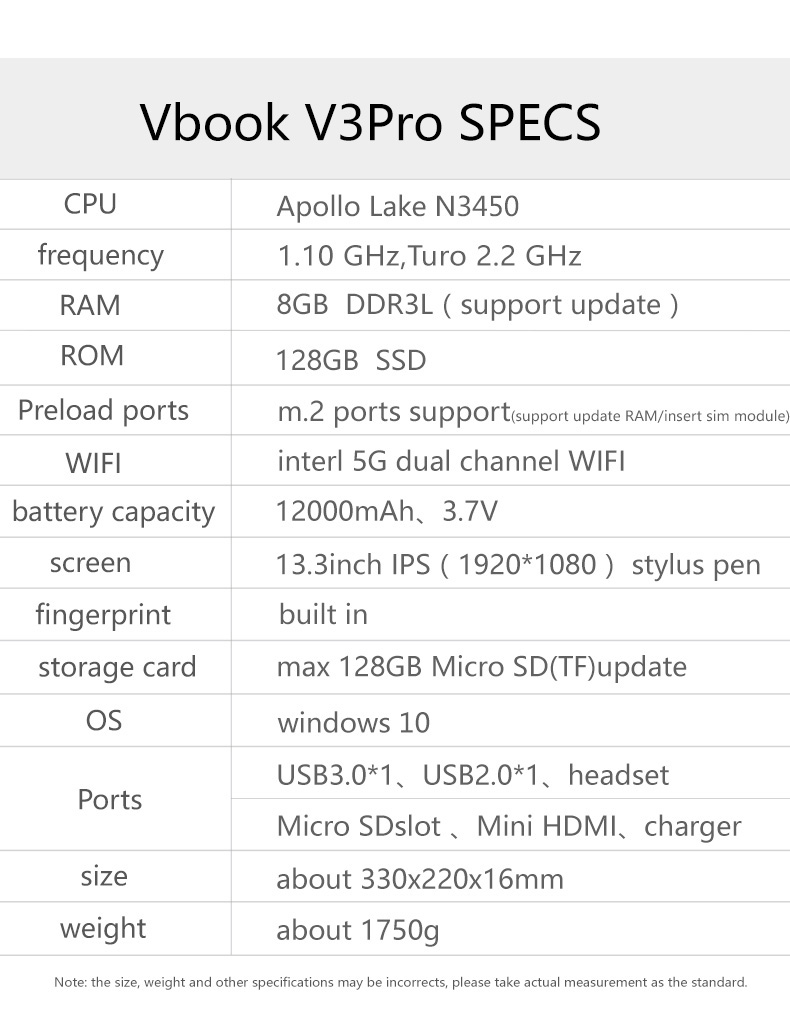 VOYO V3 Pro 13.3 Inch Windows 10  Notebook Quad Core 1.1GHz 8GB RAM 128G SSD ROM TF Card Dual Wifi 360 Degree Adjustable