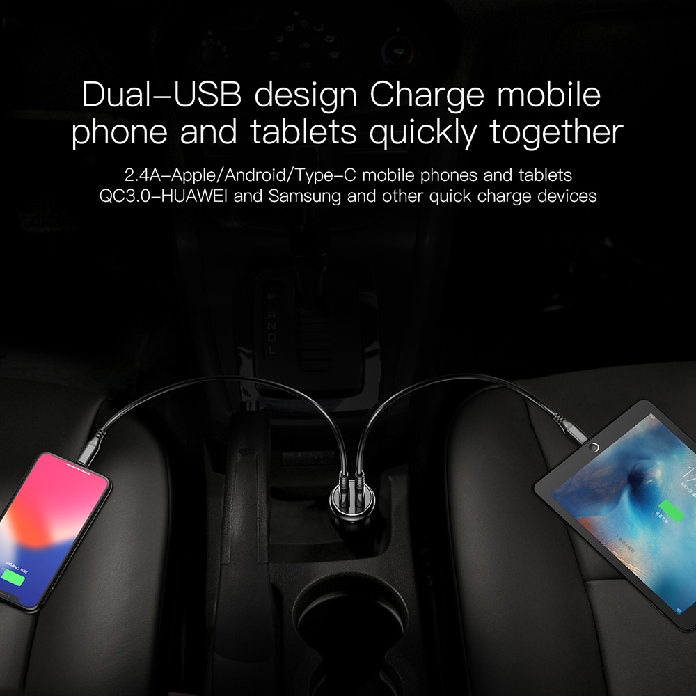Baseus CCAL-GC01 Car Charger Dual USB Ports QC3.0 Metal Car Charger - Black