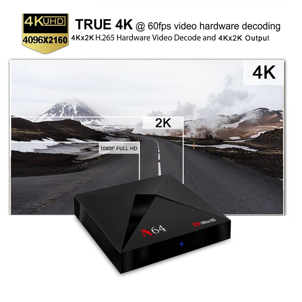 A64 4GB/64GB KODI 18.0 RK3328 4K TV Box Android 7.1.2 802.11ac WIFI Bluetooth 1000M LAN VP9 USB3.0 - Black
