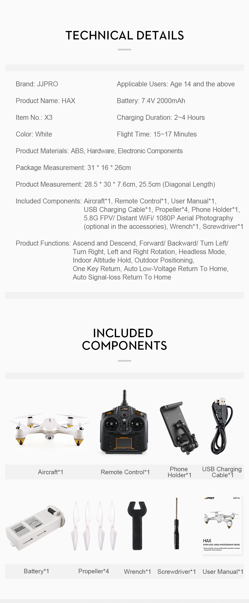 JJRC JJPRO X3 HAX WIFI FPV Brushless Drone with 1080P HD Detachable Camera GPS Positioning RC Quadcopter RTF - White