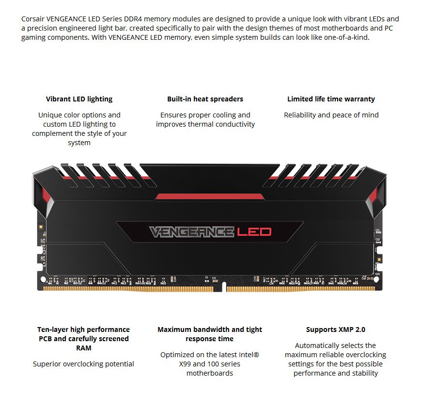 CORSAIR Vengeance 2 x 8GB DDR4 Memory Modules Red LED 3000MHz PC4-24000 C15 For DDR4 Systems CMU16GX4M2C3000C15R - Black