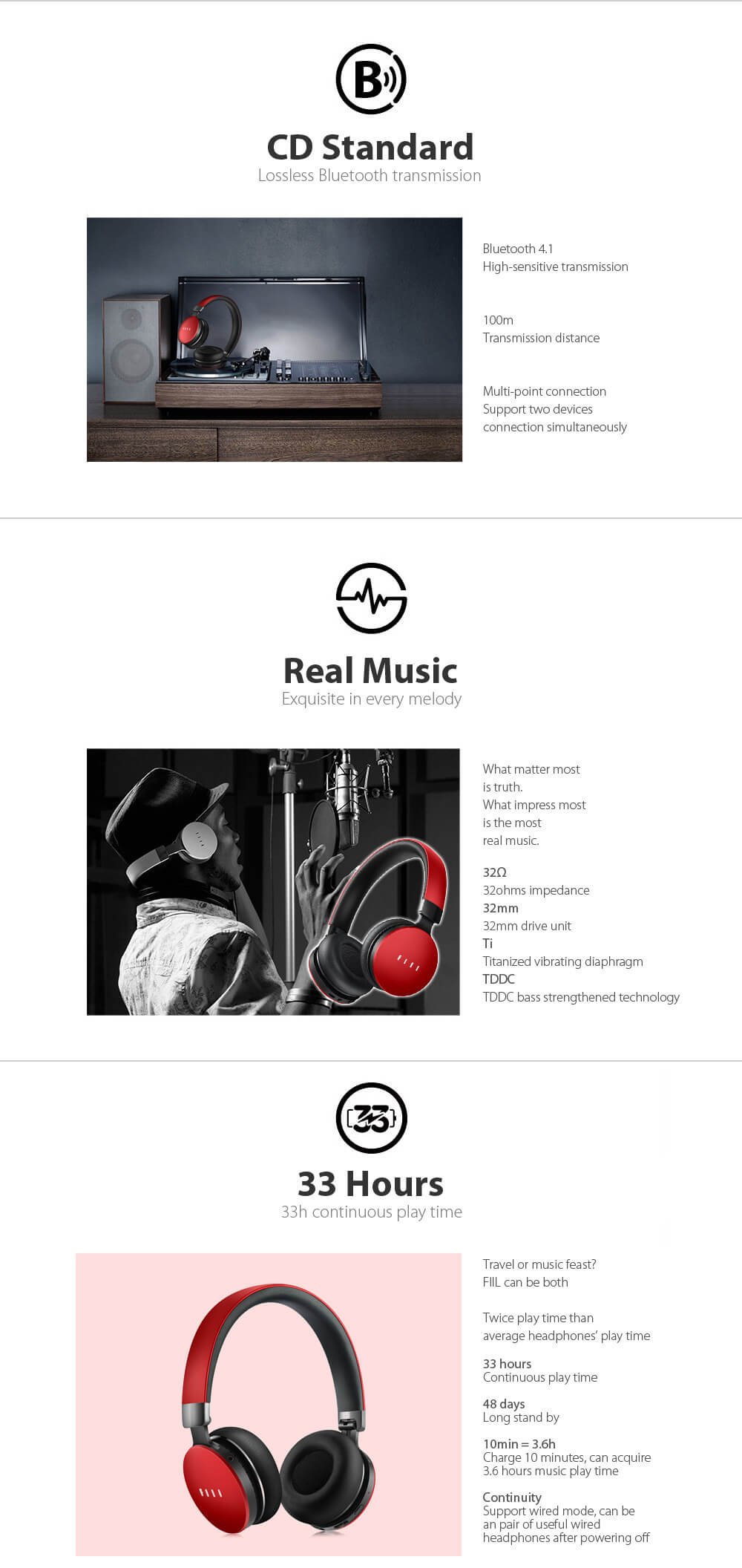 FIIL DIVA Pro Wireless Headphones Bluetooth 4.1 HiFi Music Active Noise Cancelling - Red