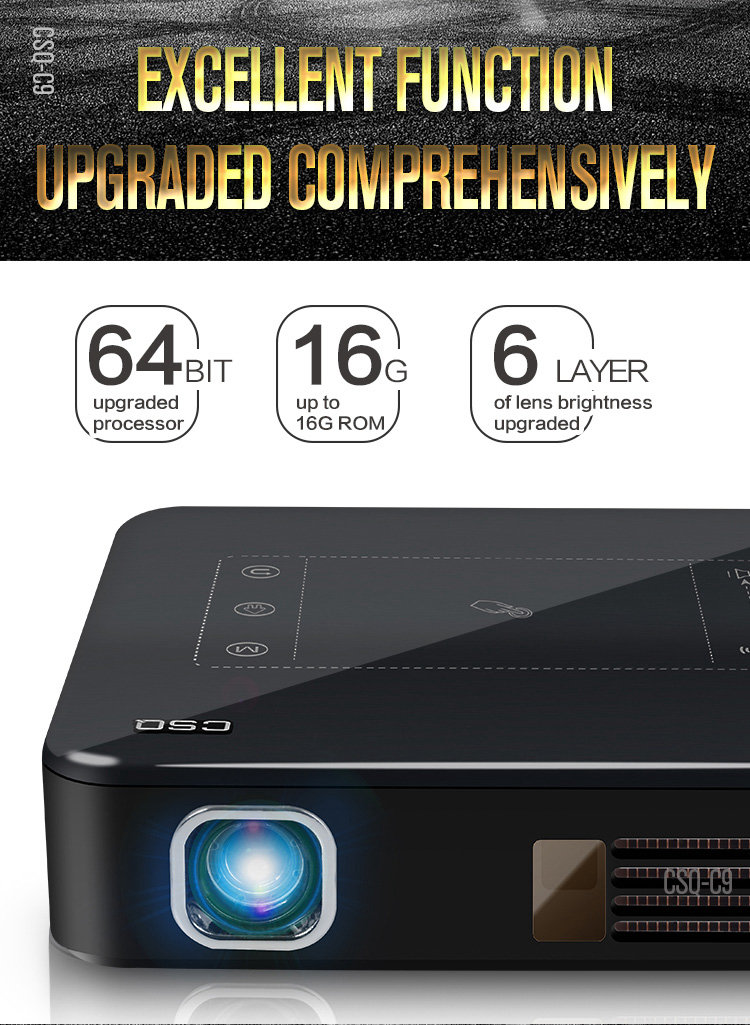 C9 DLP RK3328 Mini Pocket Projector 4K Android 2G/16G 2.4G/5G WiFi Bluetooth Eshare/Airplay/MiraCast - Black