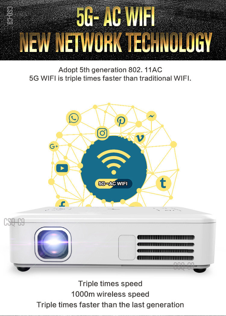 C9 DLP RK3328 Mini Pocket Projector 4K Android 2G/16G 2.4G/5G WiFi Bluetooth Eshare/Airplay/MiraCast - Black