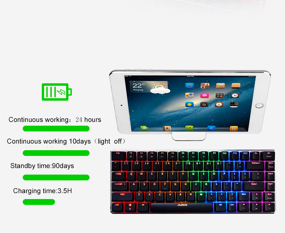 Ajazz AK33 RGB Bluetooth 4.0 Wireless Mechanical Gaming Keyboard 82 Keys Anti-ghosting RGB Backlight Blue Switch - Black