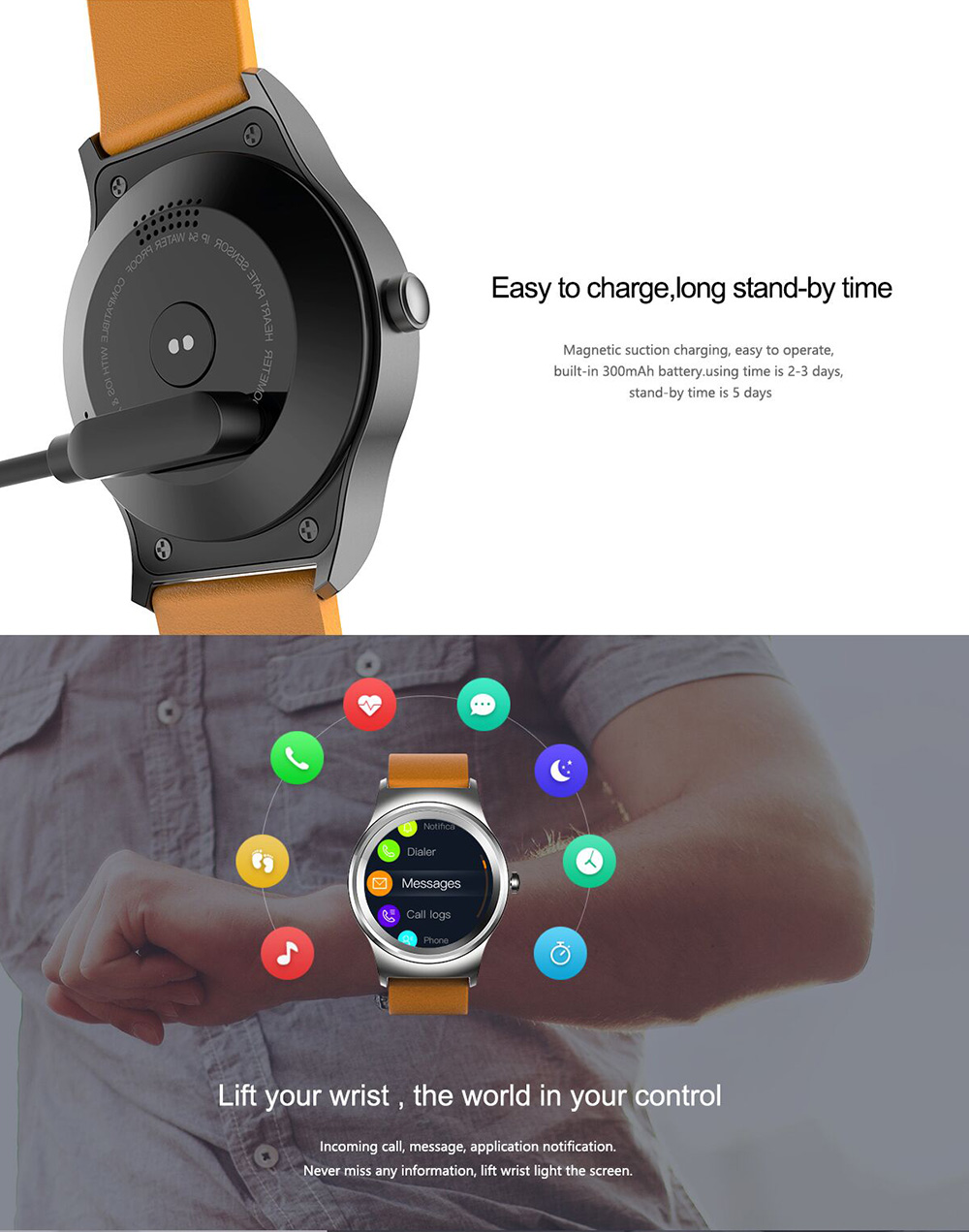 SMA 09 Smartwatch MTK2502C-ARM7 Chip Bluetooth Heart Rate Monitor Message Notification Smart Gesture Leather Band  - Black