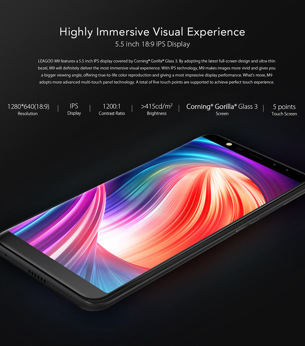 [HK Stock]Leagoo M9 5.5 Inch Smartphone 18:9 HD Screen Four Cameras 2GB 16GB MTK6580 Quad Core Android 7.0 Touch ID Super Slim Curved Body - Blac