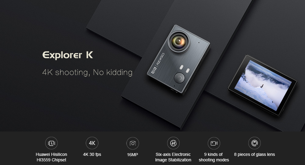 [HK Stock] Elephone REXSO Explorer K HiSilicon HI3559 Panasonic MN34120 Action Camera 2.0 Inch Display 4K WiFi Waterproof 170 Degree Wide Angle - Black
