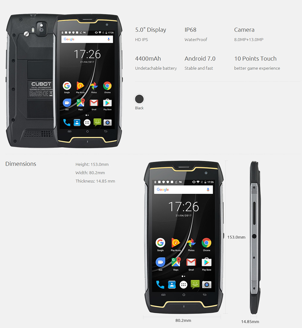 [HK Stock]Cubot King Kong 5.0 Inch Smartphone IP68 waterproof 2GB RAM 16GB ROM MT6580 Quad Core 1.3GHz 8.0MP Cam Android 7.0 4400mAh Large Battery - Black