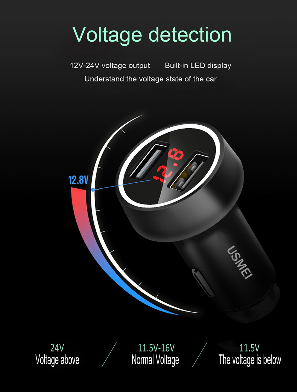 USMEI C7 3.6A Dual USB Car Charger With Breathing LED Light Voltage Detection Function - Black