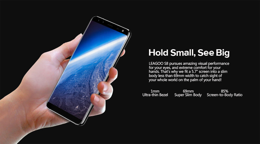 [HK Stock]Leagoo S8 5.7 Inch Smartphone 18:9 HD+ Screen 3GB 32GB MT6750T Octa Core Four Cameras Android 7.0 Touch ID VoLTE - Black