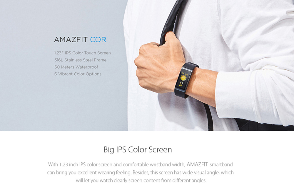 [HK Stock][Official Global Version]Original Xiaomi Huami Amazfit Cor MiDong Smart Bracelet 5ATM Waterproof 2.5D Color IPS Touch Screen 316L Stainless Steel Frame 1.23 Inch Bluetooth 4.1 - Black