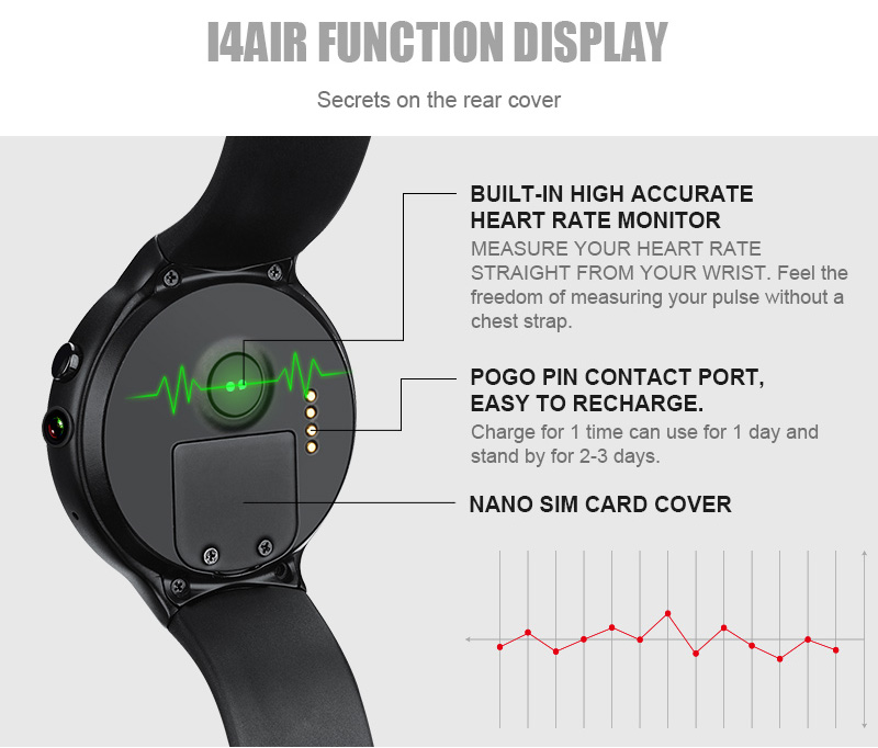 Makibes I4 Air 3G MTK6580 Smartwatch Phone Quad Core 1.3GHz 2GB RAM 16GB ROM 2.0MP Camera Heart Rate Monitor - Black