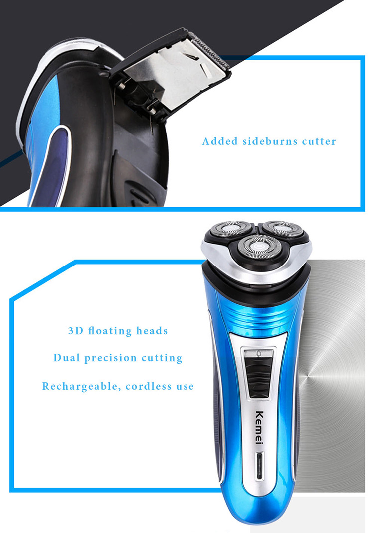 Kemei KM2801 Rechargeable Electric Shaver 3D Triple Floating Heads Men's Razor -Blue