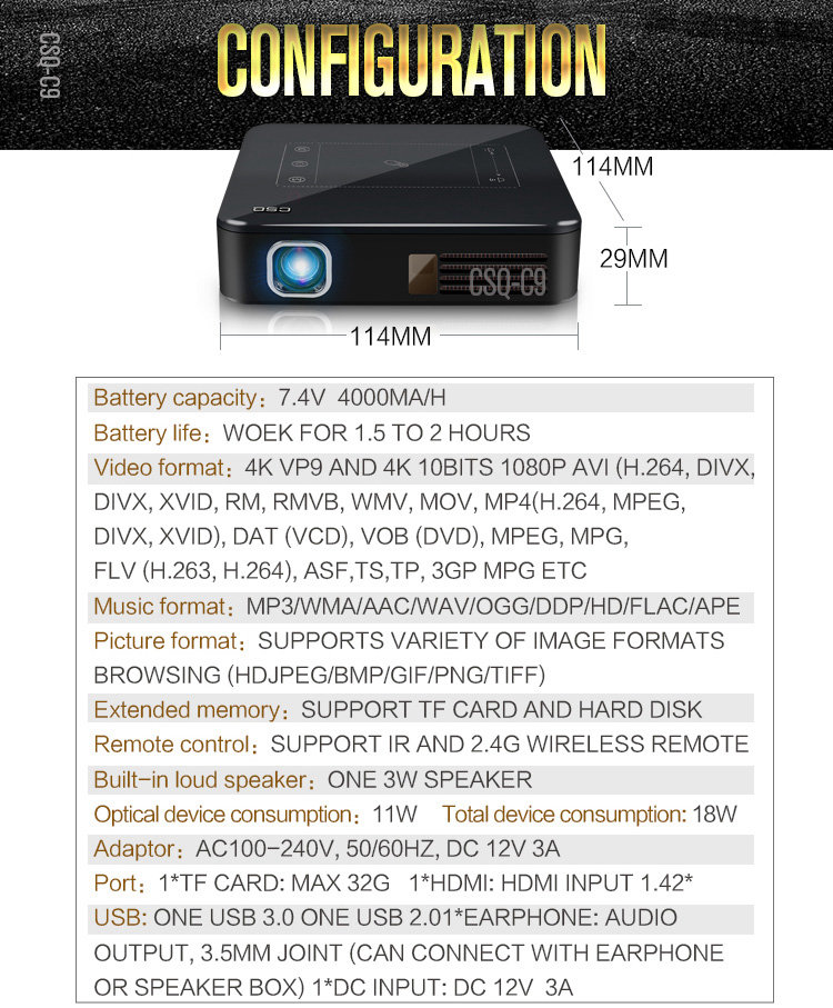 C9 DLP RK3328 Mini Pocket Projector 4K Android 2G/16G 2.4G/5G WiFi Bluetooth Eshare/Airplay/MiraCast - Black