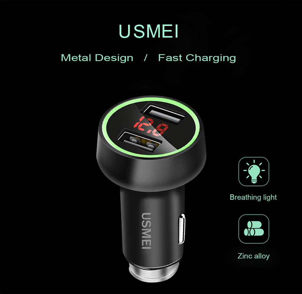 USMEI C7 3.6A Dual USB Car Charger With Breathing LED Light Voltage Detection Function - Black