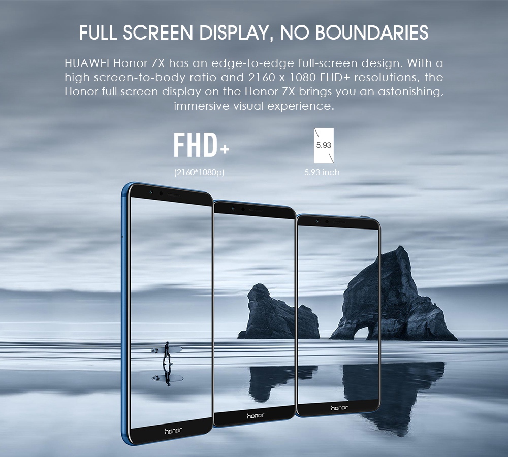 HUAWEI Honor 7X 5.93 Inch Smartphone 18:9 Full Screen 4GB 32GB Kirin 659 Octa Core Dual Rear Cam Android 7.0 Touch ID 3340mAh Battery Metal Body - Blue