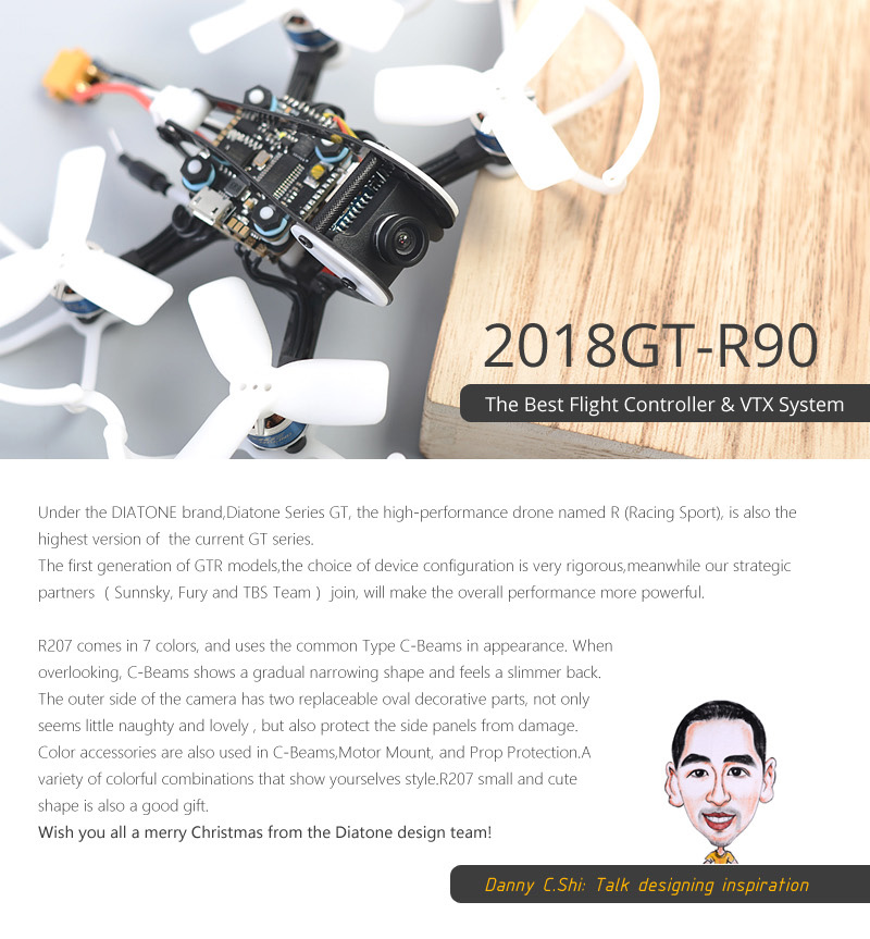Diatone GT-R90 2018 Brushless FPV Racing Drone F4 AIO OSD FC TBS VTX 15A Blheli_S ESC with G1 1/3' CCD 600TVL Camera - PNP