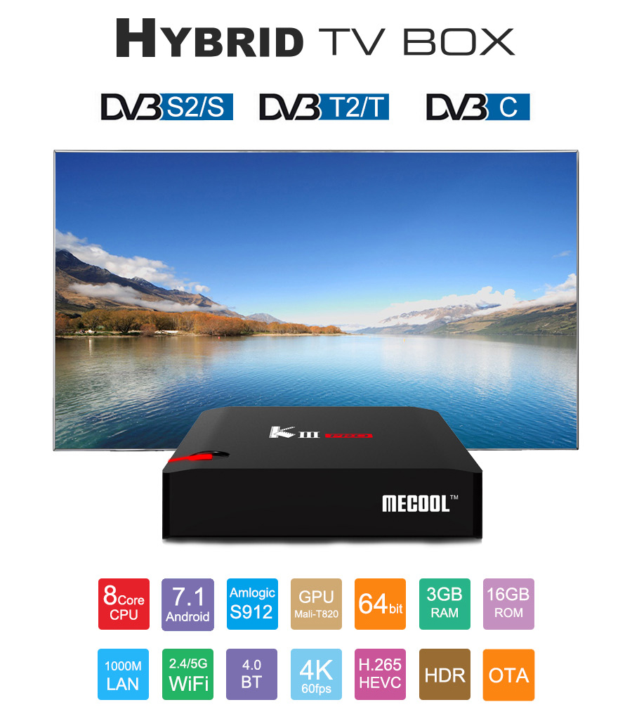 MECOOL KIII PRO DVB-T2/S2/C Android 7.1 S912 3GB/16GB TV BOX 4K KODI 17.0 802.11AC WIFI Bluetooth 1000M LAN