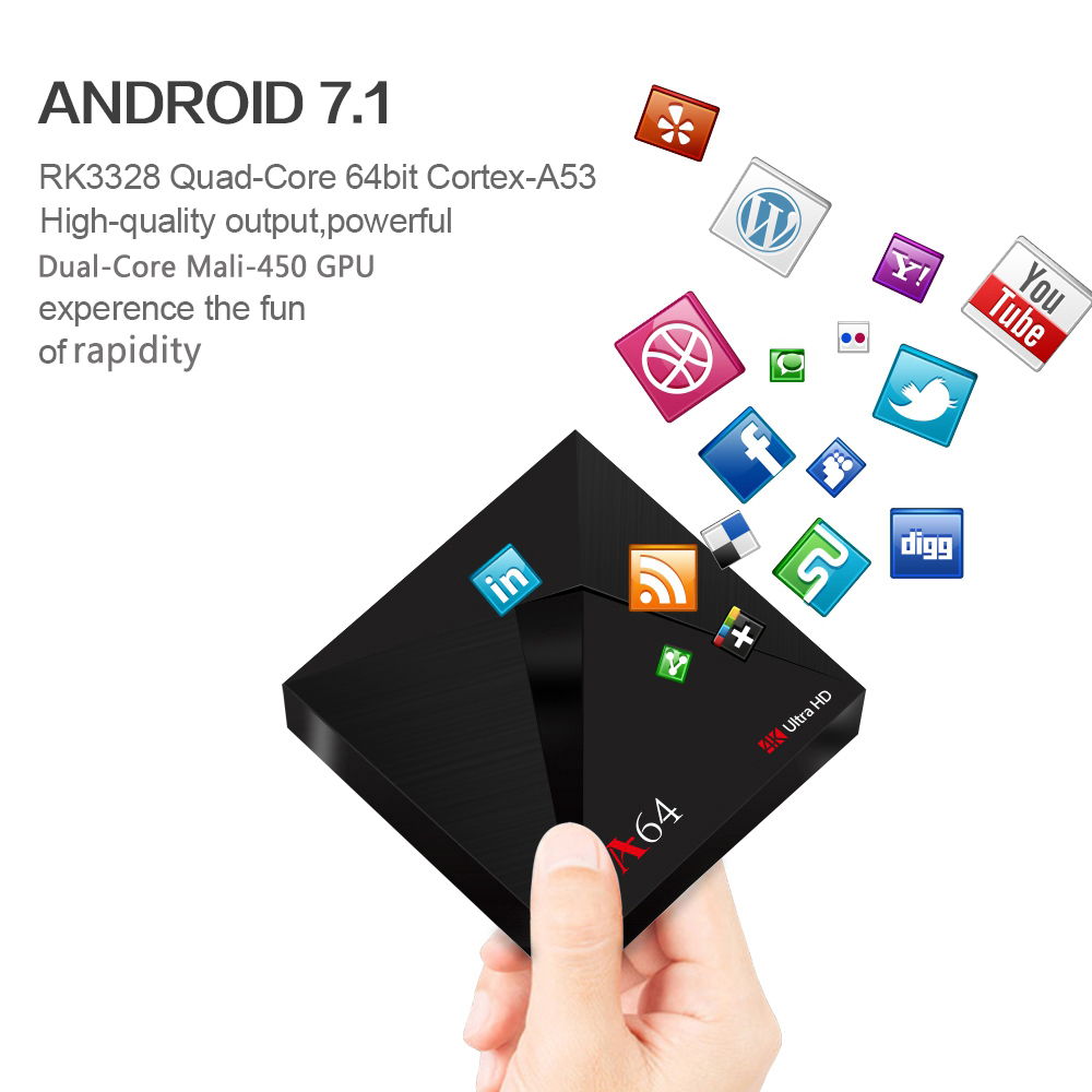 A64 4GB/64GB KODI 18.0 RK3328 4K TV Box Android 7.1.2 802.11ac WIFI Bluetooth 1000M LAN VP9 USB3.0 - Black