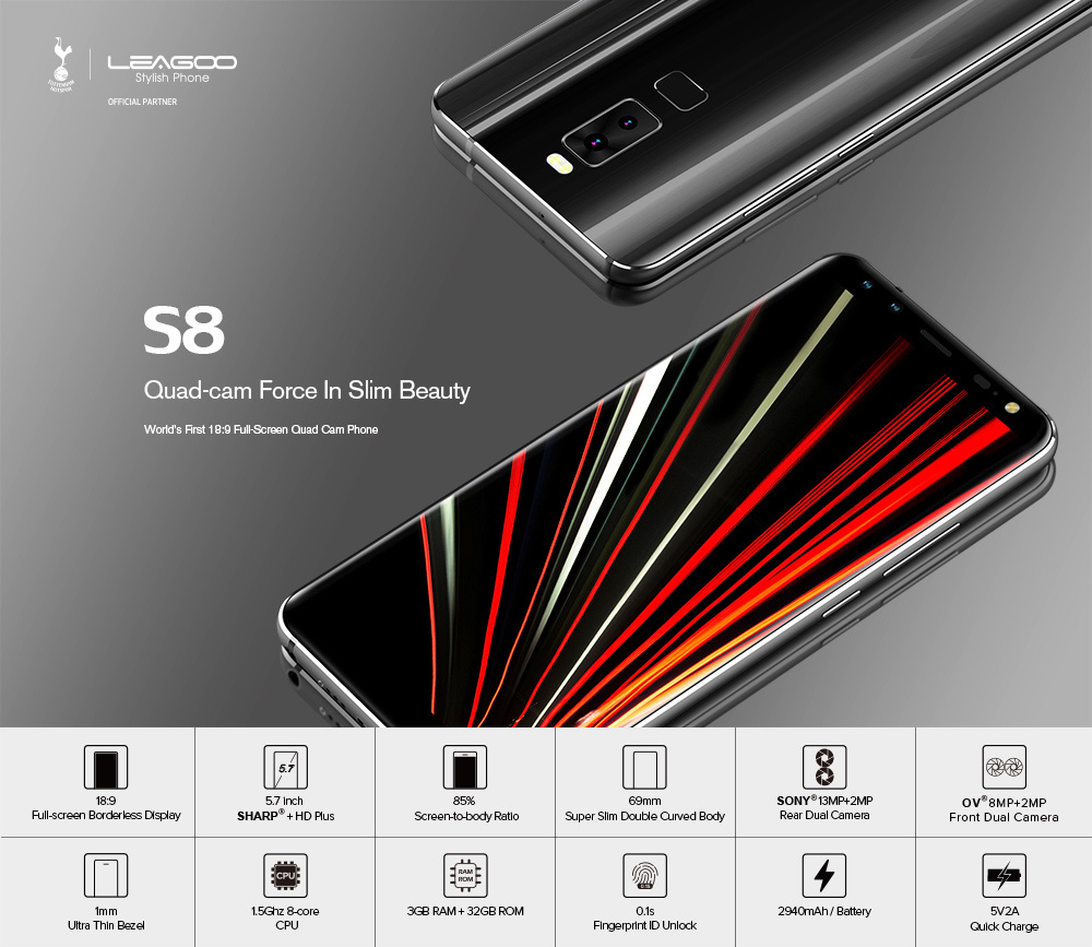 [HK Stock]Leagoo S8 5.7 Inch Smartphone 18:9 HD+ Screen 3GB 32GB MT6750T Octa Core Four Cameras Android 7.0 Touch ID VoLTE - Black