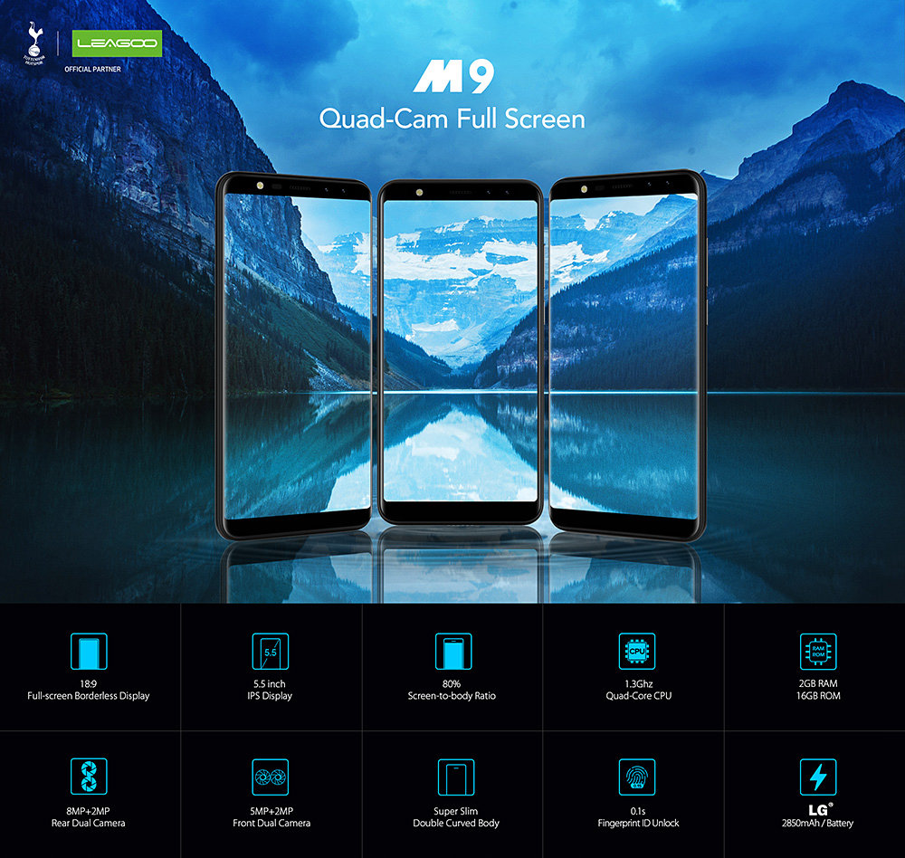 [HK Stock]Leagoo M9 5.5 Inch Smartphone 18:9 HD Screen Four Cameras 2GB 16GB MTK6580 Quad Core Android 7.0 Touch ID Super Slim Curved Body - Gold