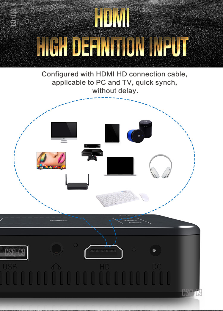 C9 DLP RK3328 Mini Pocket Projector 4K Android 2G/16G 2.4G/5G WiFi Bluetooth Eshare/Airplay/MiraCast - Black