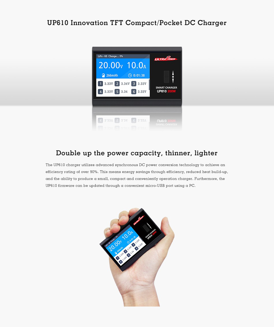 Ultra Power UP610 200W 10A DC Pocket Smart Balance Charger Discharger with IPS LCD Screen for 1-6S Li-po Battery