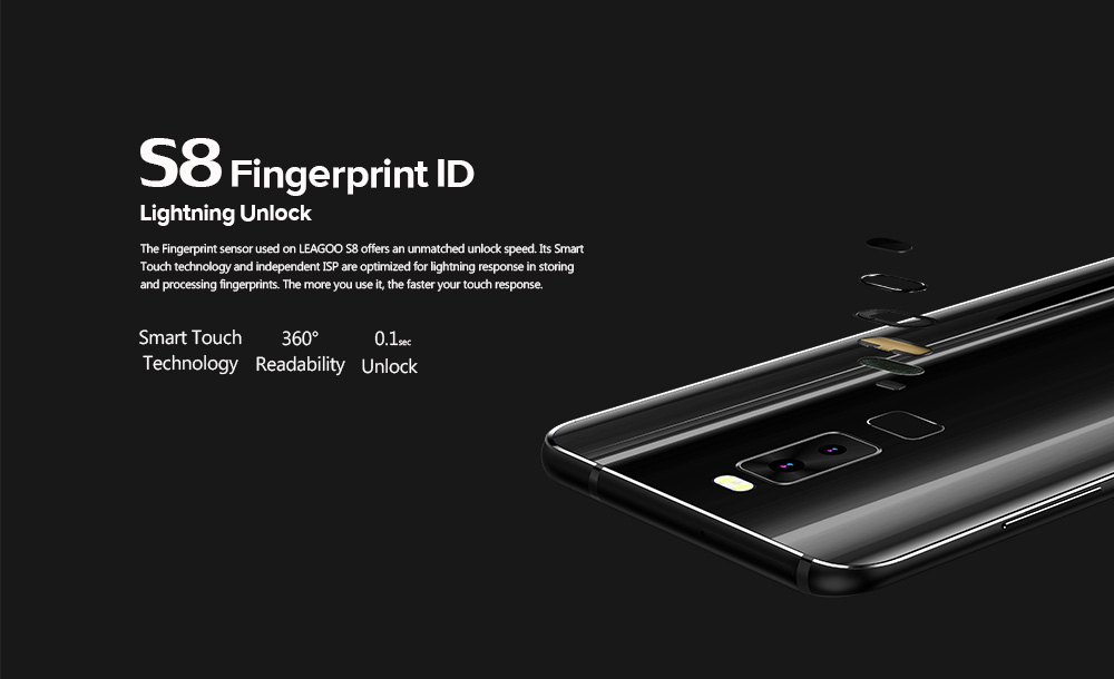 [HK Stock]Leagoo S8 5.7 Inch Smartphone 18:9 HD+ Screen 3GB 32GB MT6750T Octa Core Four Cameras Android 7.0 Touch ID VoLTE - Black