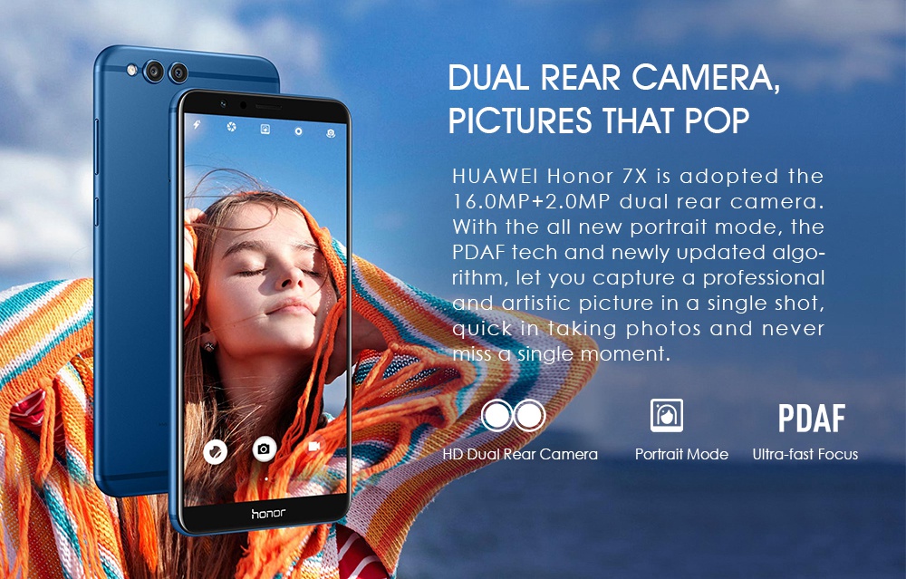 HUAWEI Honor 7X 5.93 Inch Smartphone 18:9 Full Screen 4GB 32GB Kirin 659 Octa Core Dual Rear Cam Android 7.0 Touch ID 3340mAh Battery Metal Body - Blue