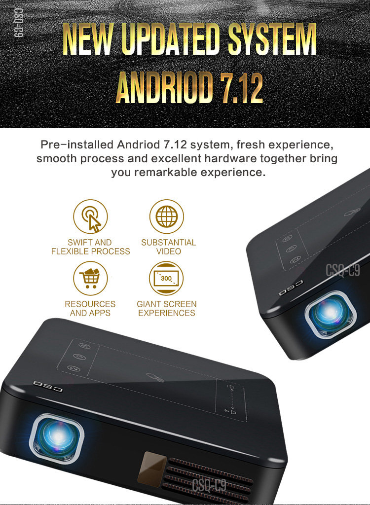 C9 DLP RK3328 Mini Pocket Projector 4K Android 2G/16G 2.4G/5G WiFi Bluetooth Eshare/Airplay/MiraCast - Black