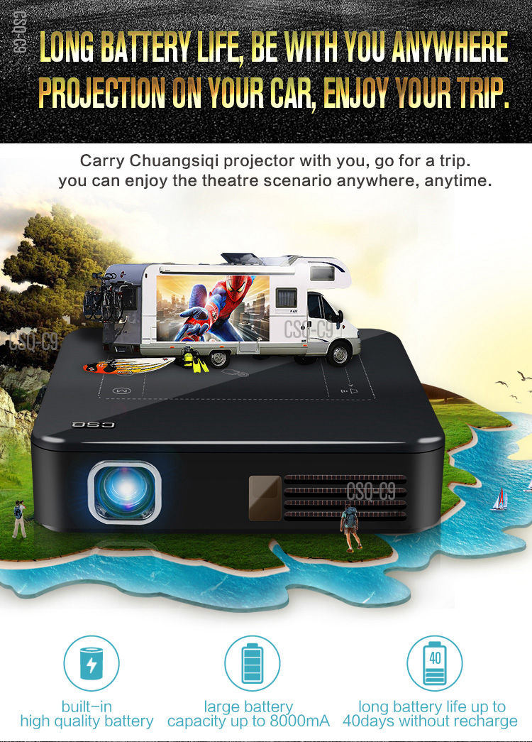 C9 DLP RK3328 Mini Pocket Projector 4K Android 2G/16G 2.4G/5G WiFi Bluetooth Eshare/Airplay/MiraCast - Black