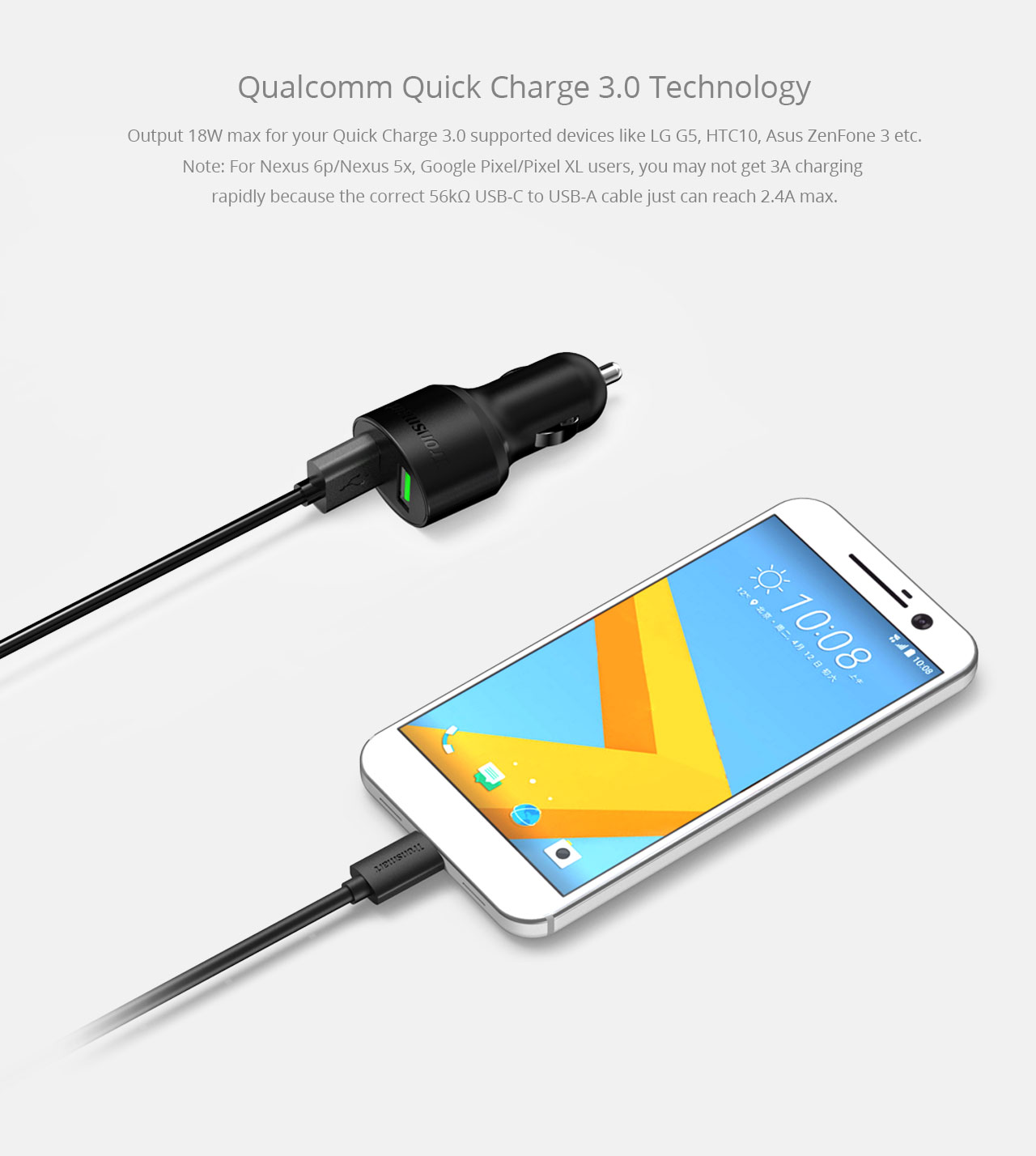 Tronsmart Quick Charge 3.0 36W 2 Ports Type A USB Car Charger for Quick Charge 3.0 and 2.0 Compatible Device