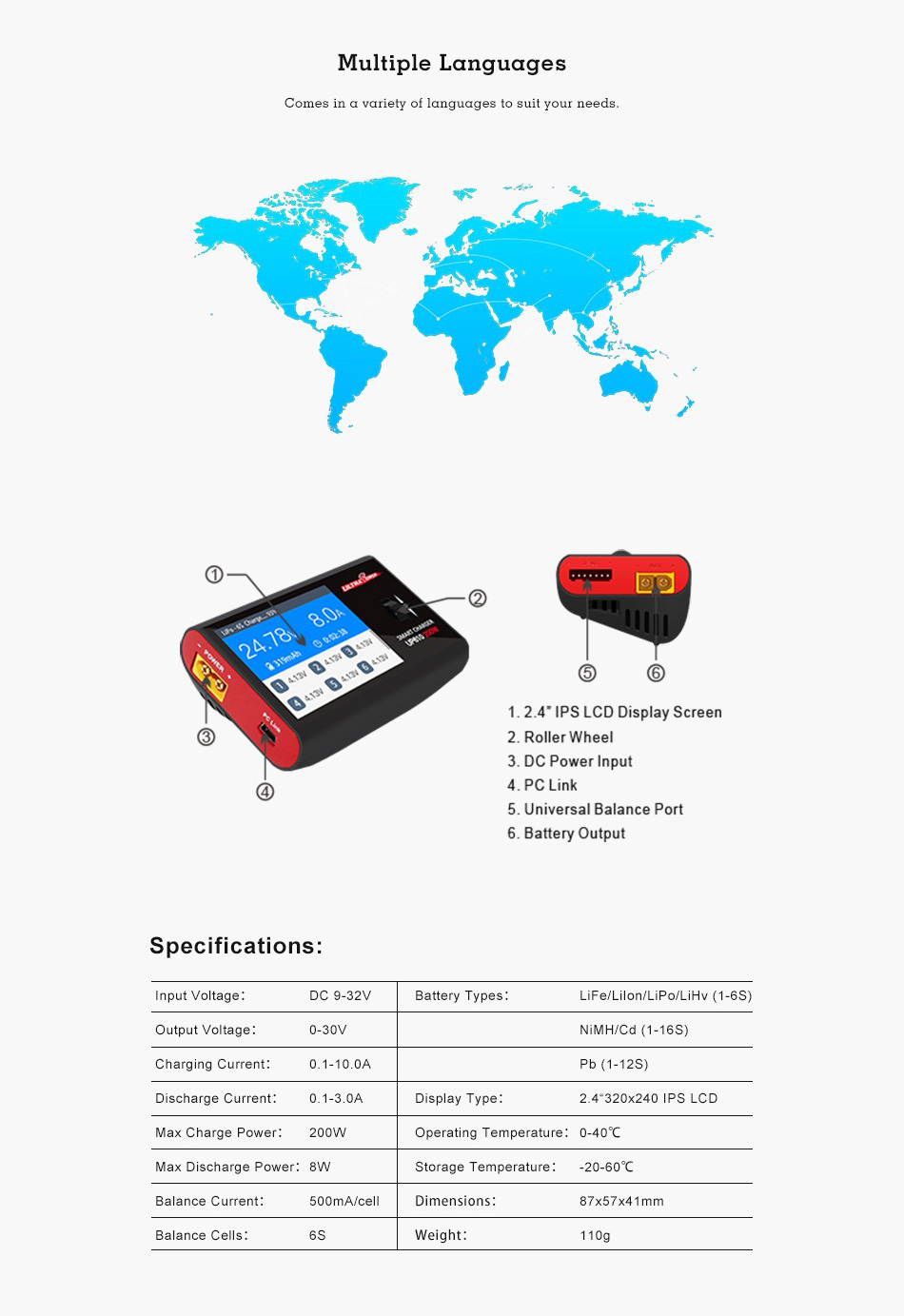 Ultra Power UP610 200W 10A DC Pocket Smart Balance Charger Discharger with IPS LCD Screen for 1-6S Li-po Battery